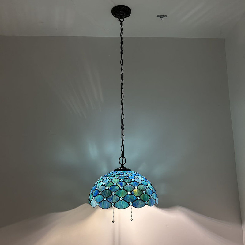 Belday Tiffany Pendant Lights Blue Stained Glass Crystal Beans LED Bulbs Included 16" W*16" D*75" H