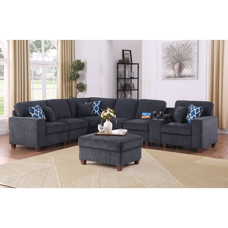 Canapé modulaire en chenille avec repose-pieds Hector et 6 coussins décoratifs Hector