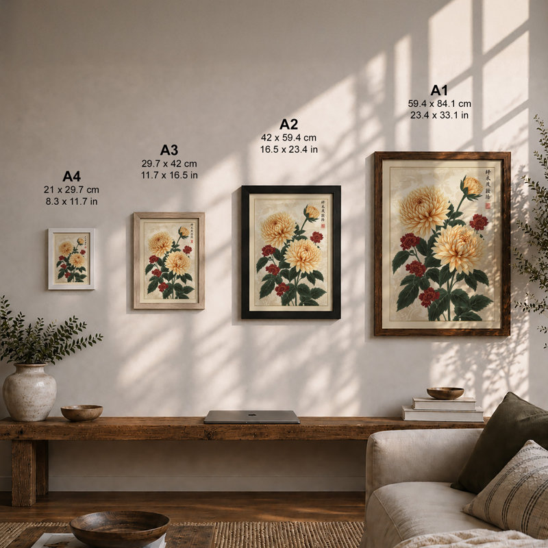 Chrysanthemum Study Botanical - Framed Print, A2 - 59.4 x 42.0 cm, Black
