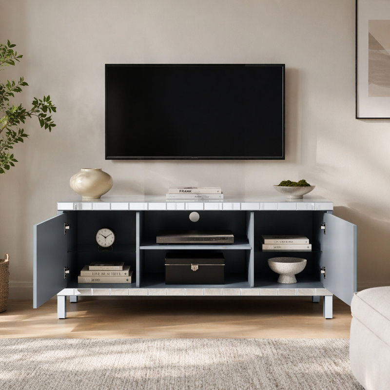 Meuble télé en miroir pour téléviseur de 65 pouces et plus, console de télévision avec rangement ouvert et 2 armoires de rangement, portes miroir en forme de diamant pour le salon (l 59 po x H 25,2 po x P 15,7 po)