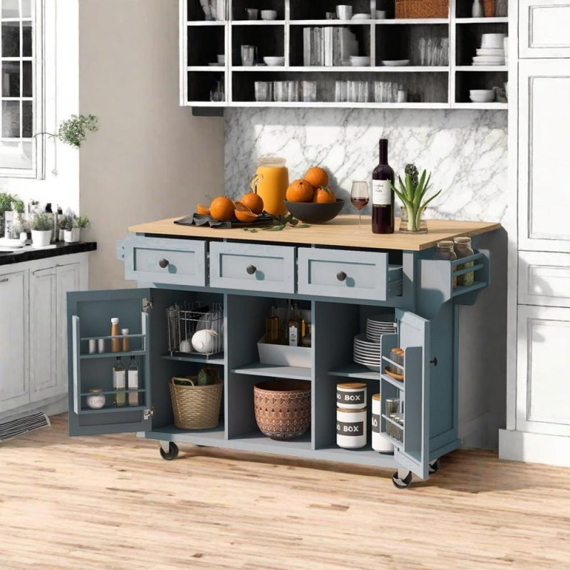 Kitchen Cart with Drop-Leaf Countertop and Internal Storage Racks, Gray Blue