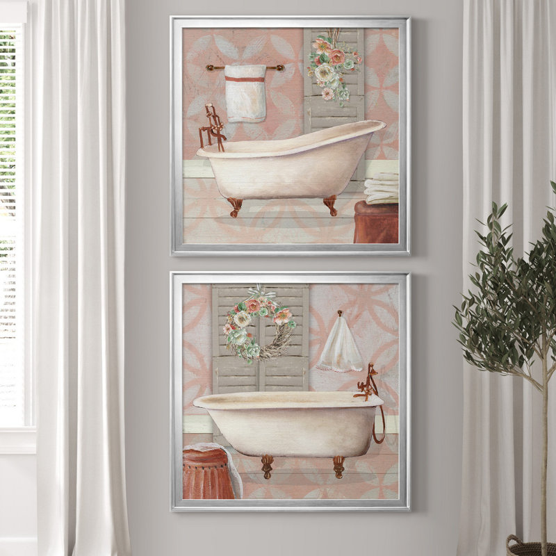 " Blushing Bath I " 2 - Pieces, No Mat, 34.5" H x 69" W x 1.5" D, Silver Framed Canvas