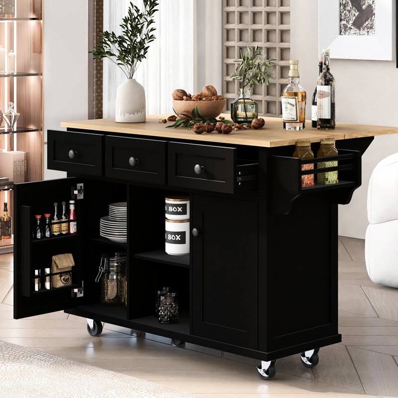 Black Kitchen Cart With Drop And Cabinet Storage. 5 Rolling Wheels, For Dinning Room Different Spaces Beyond Island Storage Exterior