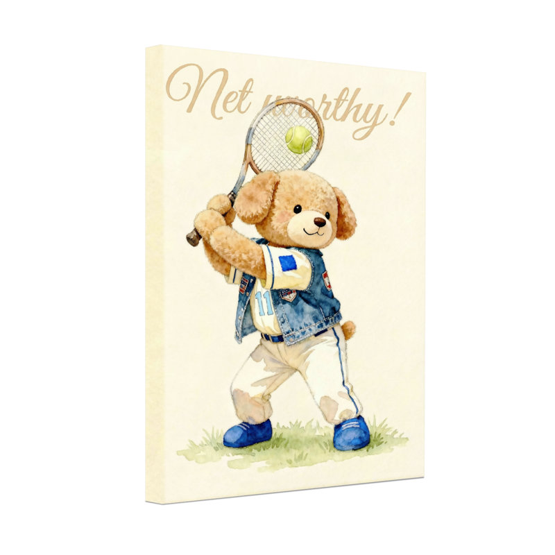 Animaux, ours en peluche jouant au tennis avec une raquette et une balle, H 18 po x l 12 po