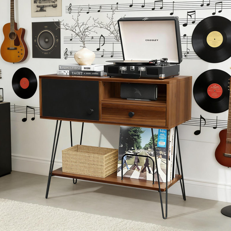 Mid Century Modern Record Player Stand With Vinyl Storage For 200 Albums Console