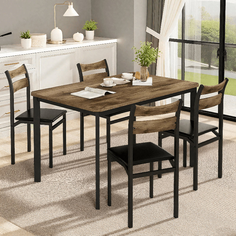 Dining Table Set For 4, 43.3" Kitchen Table And Chairs Set Of 4, 5-Piece Industrious Wood Dining Room Table Set With 4 Upholstered PU Leather Chairs For Small Space, Breakfast Nook, Apartment
