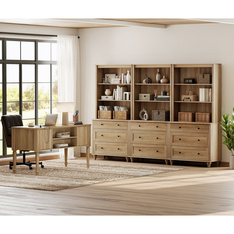 Ensemble de bureau 2 pièces, bureau double 56 po et ensemble de 3 bibliothèques avec tiroirs, Chêne