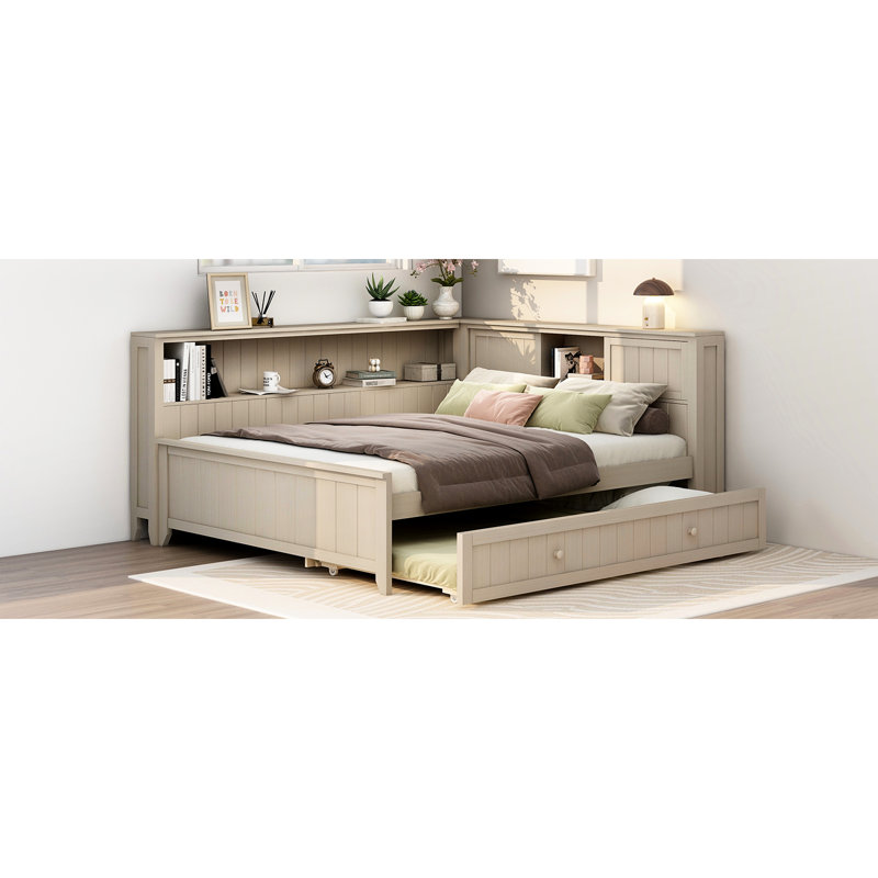 Antique White Milk Full Size Daybed With Storage And Trundle - Solid Pine Wood+, Multi Storage, For Overnight Wood Construction, Shelves, Sleepers