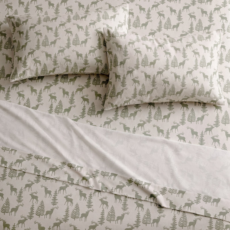 Fabrice Flannel Sheet Set, Full Sheet Set + Fitted Sheet + 2 Pillowcases, Ivory/Green