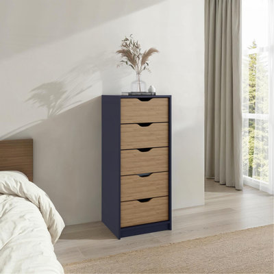 Commode H 42,4 po, 1 tiroir, 5 tablettes, bleu Alby / chêne naturel - Chambre
