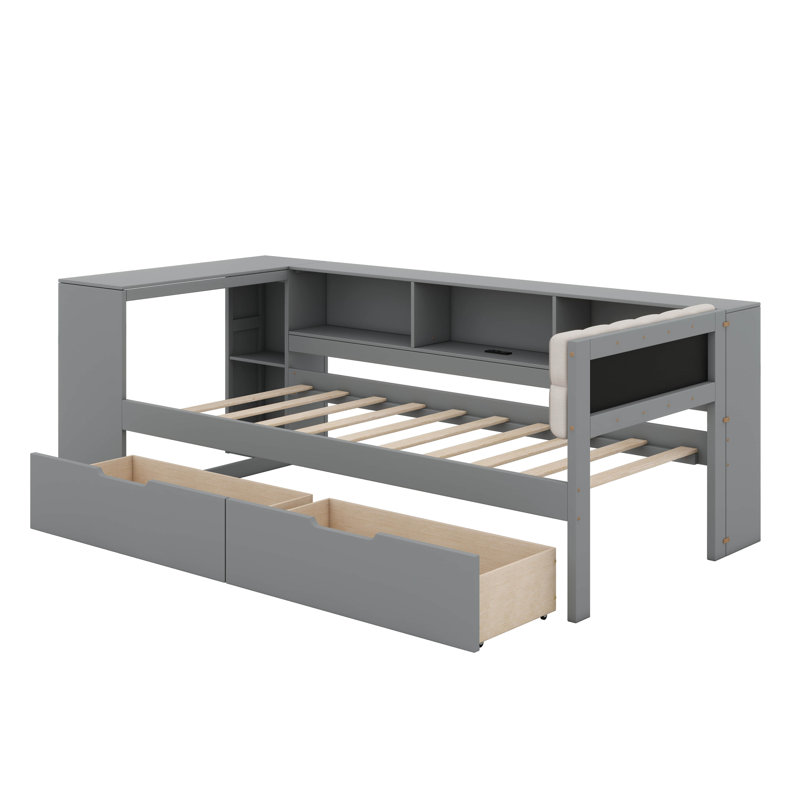 Wood Platform Bed With Storage Shelves And Drawers,Platform Bed Frame With Charging Station And Upholstered Headboard, Twin