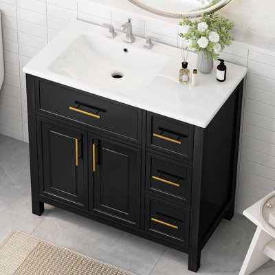 Simya 36'' Single Bathroom Vanity with Ceramic Top Variant Product Name, Bathroom Cabinet with Two Doors and Three Drawers