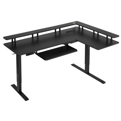 L Shaped Desk, Electric Adjustable Height Corner Gaming Desk with Keyboard Tray and Dual Hooks, Heavy Duty L-Shaped Computer Table with Light Strip for Home Office, Easy to Assemble, Black