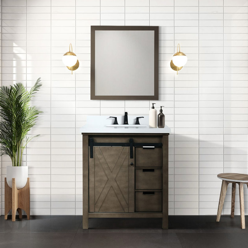 Meuble-lavabo rustique brun de 75 cm de large pour salle de bain avec miroir de 71 cm, compartiment de rangement intérieur, tiroirs et étagère, montage facile, compatible avec les baignoires de 76 cm de large, plusieurs options disponibles, préassemblé