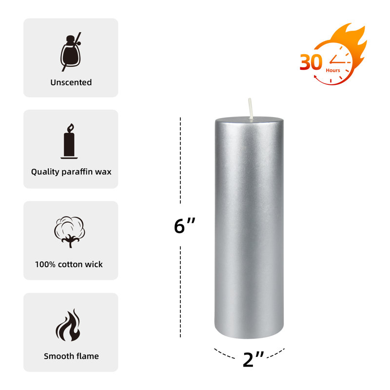Bougie pilier argenté métallique 6 pouces, 24, Argent, H 6 po x l 2 po x P 2 po
