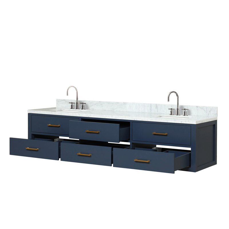 Meuble-lavabo double avec plan de travail en marbre reconstituÃ© et ensemble de robinetterie, Marbre, Bleu