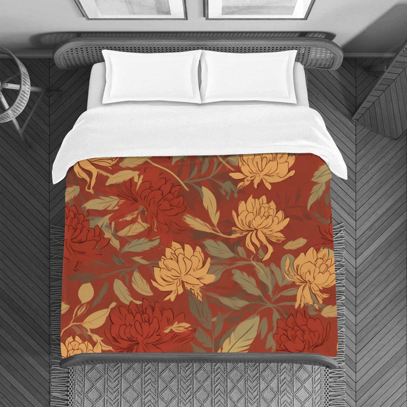Floral Gold/Red Microfiber Duvet Cover, King Duvet Cover