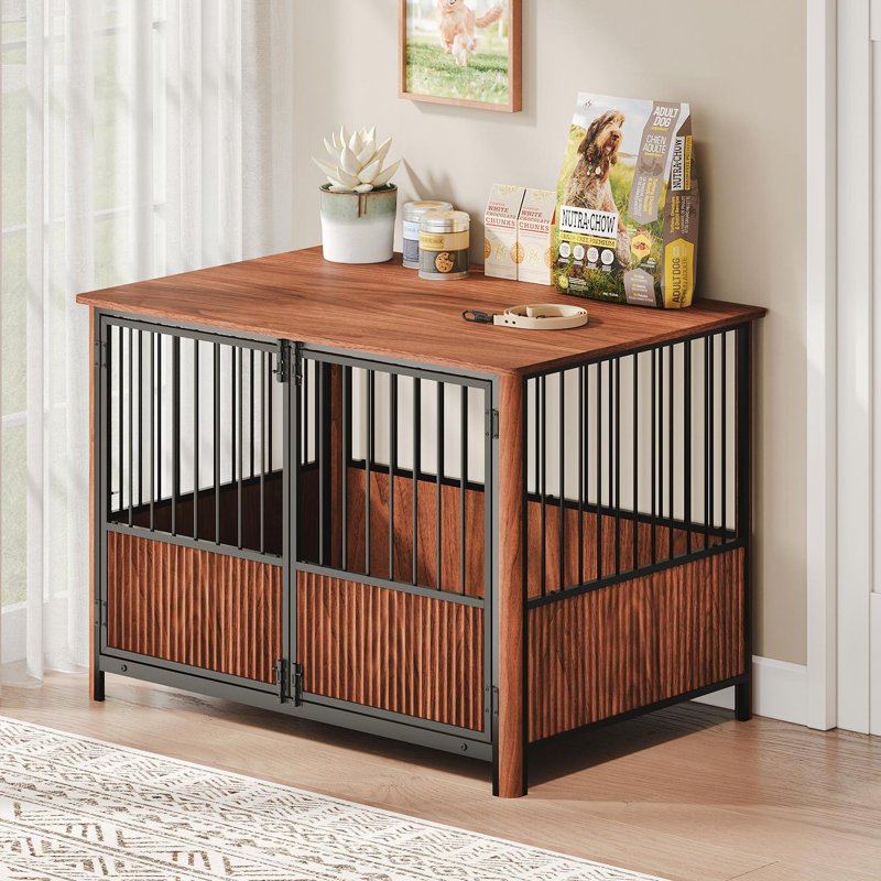 Caisse pour chien de 43 po en bois de noyer cannelé de style meuble pour grands et moyens chiens