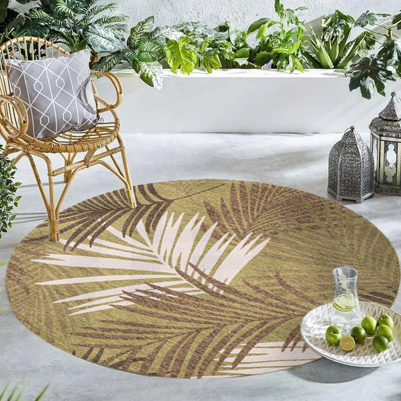 Tapis intérieur / extérieur en polypropylène floral vert / beige / brun Oonagh, Rond 6 pi 7 po