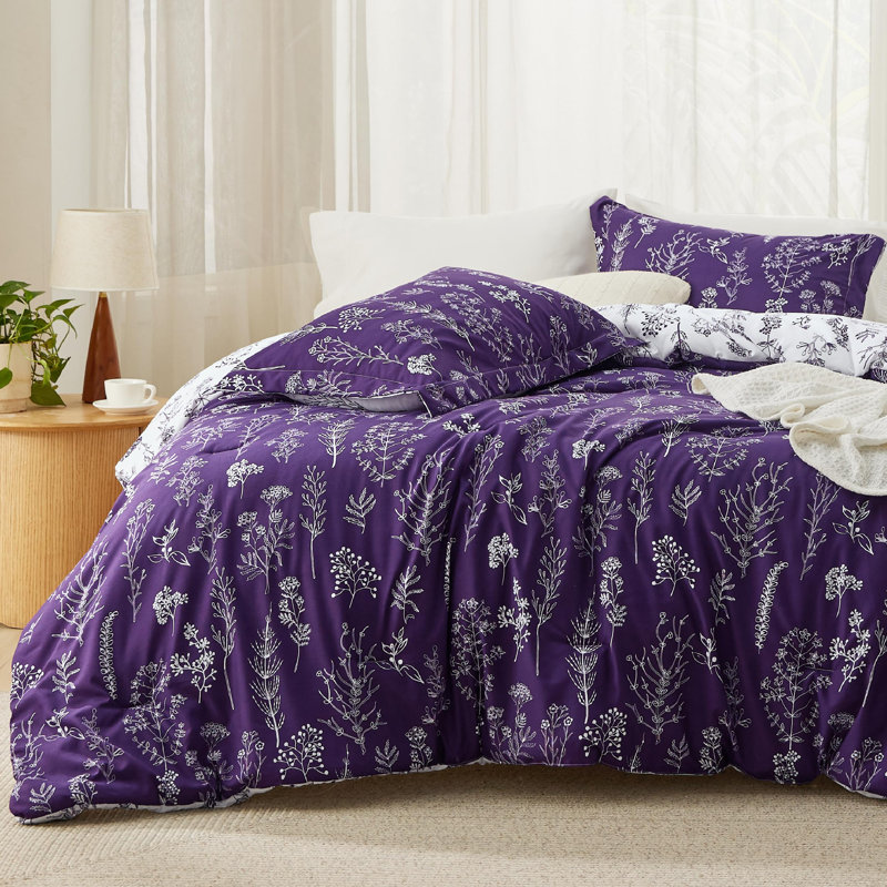Best Seller Bedsure Comforter Set Reversible Cute Floral Bedding, 89GSM, Dark Purple, King 