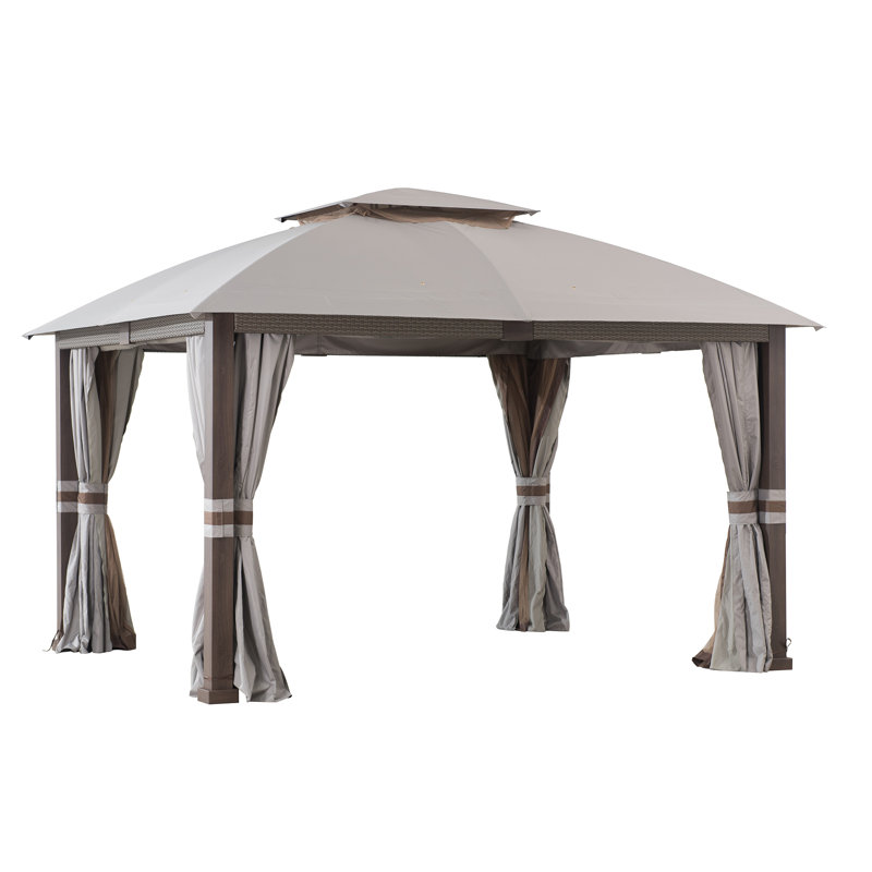 Pavillon de jardin à toit souple à 2 niveaux 11 x 13 pi avec toit en toile, moustiquaire et rideaux Sunjoy, Kaki