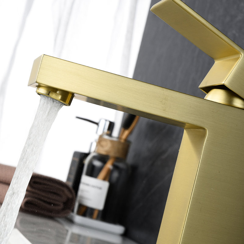 Robinet de lavabo monotrou doré - forme géométrique et meuble-lavabo manuel en céramique de qualité moderne