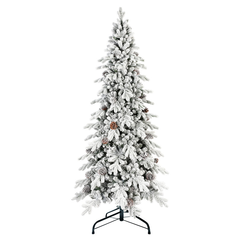 Arbre de Noël enneigé 7,5 pi, 40 branches de pin naturel, conception mince, support en métal stable, embouts PE / 1424 à installation rapide et simple, espace pour les petites entrées, assemblage, charme rustique