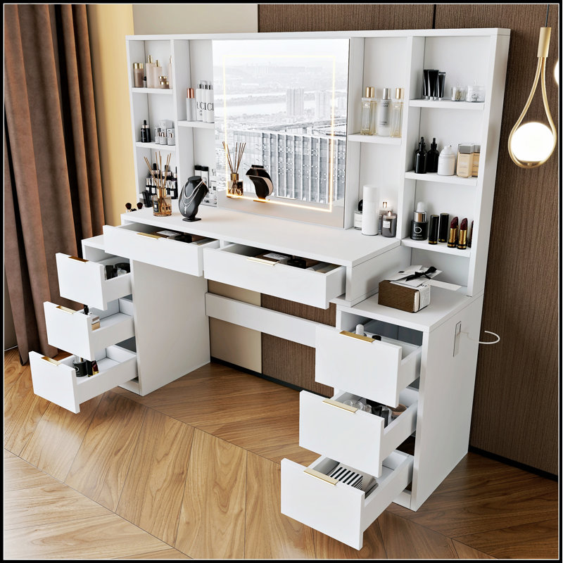 Grand bureau de maquillage avec miroir et lumières réglables, 8 tiroirs et tablettes ouvertes, parfait pour la chambre à coucher et le vestiaire