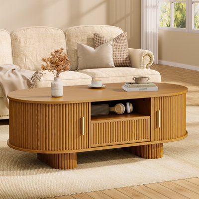47.2'' Oval Coffee Table With Hidden Storage, Mid-Century Modern Fluted Center Table With Drawer And Sliding Tambour Doors