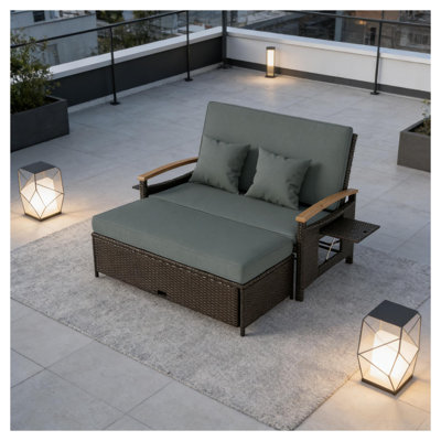 Gray Rattan Outdoor Daybed Sofa Bed with Storage Ottoman - 4-in-1 Modular Patio Furniture