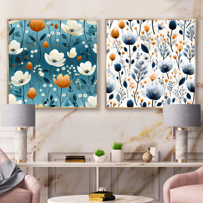 «Meadow», ensemble de 2 collages carrés botaniques abstraits à motif floral bleu et beige, Cadre flottant doré