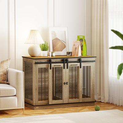 Dog Crate Furniture for 1 Large or 2 Small Pets w Divider Oak Tone