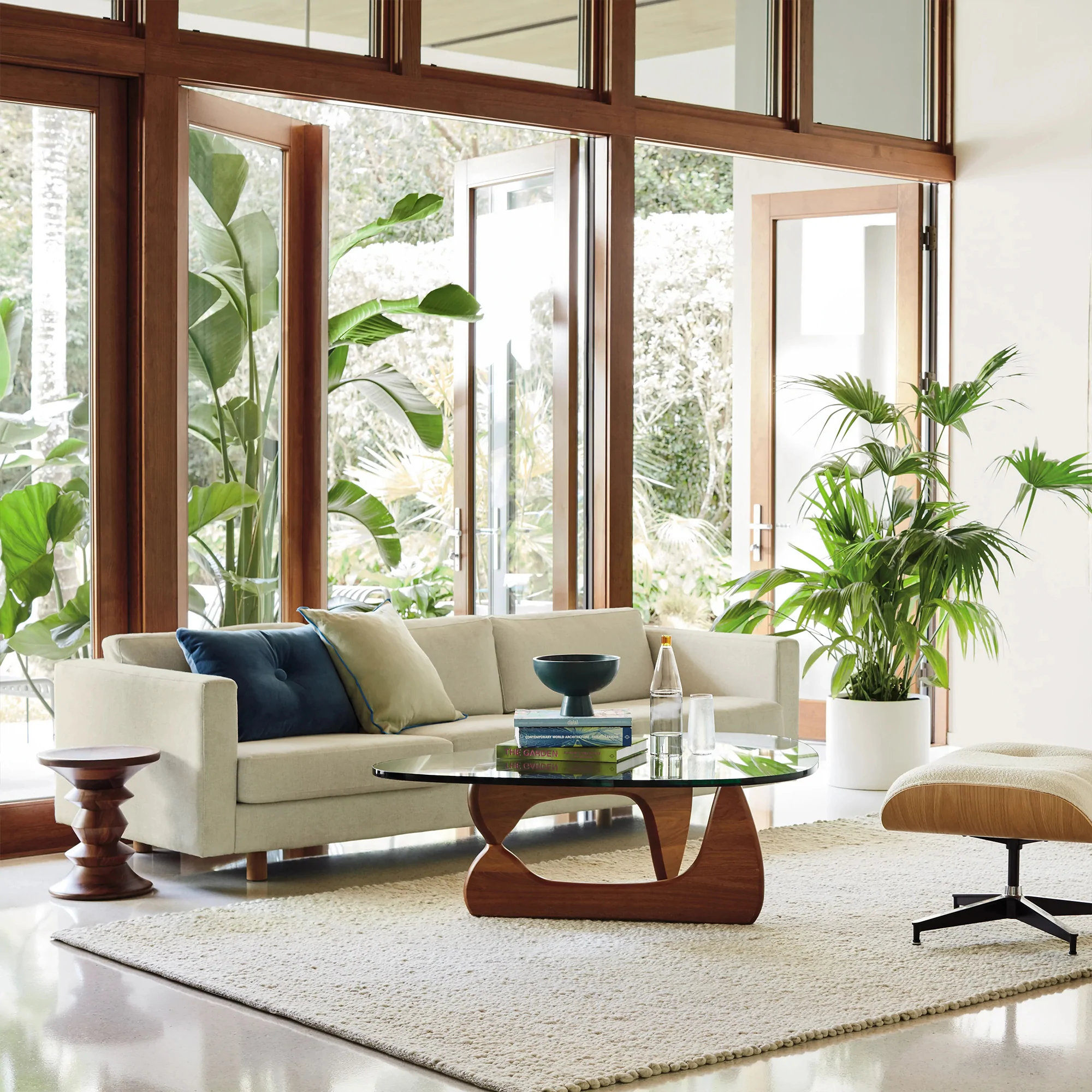 Triangle Glass Coffee Table with Wooden Base Clear Glass Top Mid-Century Abstract Glass Table, Dark Walnut
