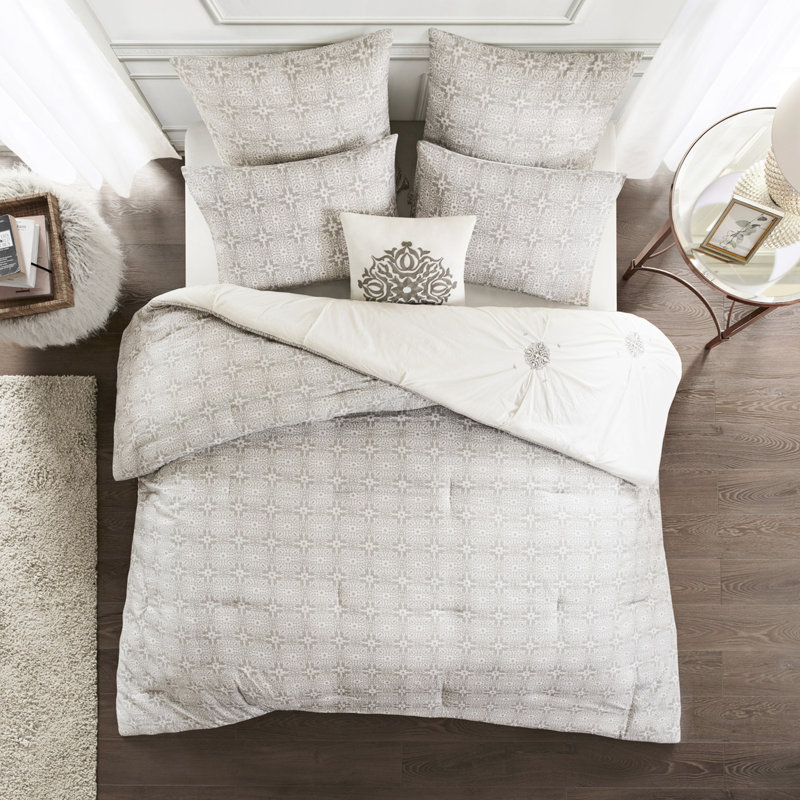 Lit double / grand 6 pièces - Coton réversible avec édredon médaillon broderie merveilleuse
