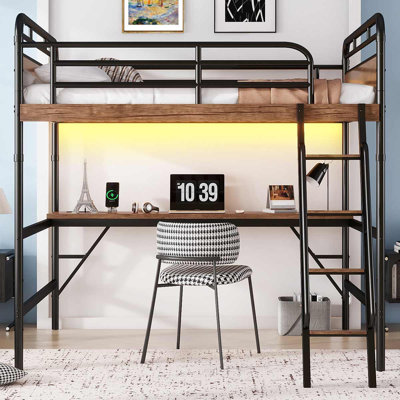 Lit mezzanine double moderne avec bureau, lumières DEL et station de charge