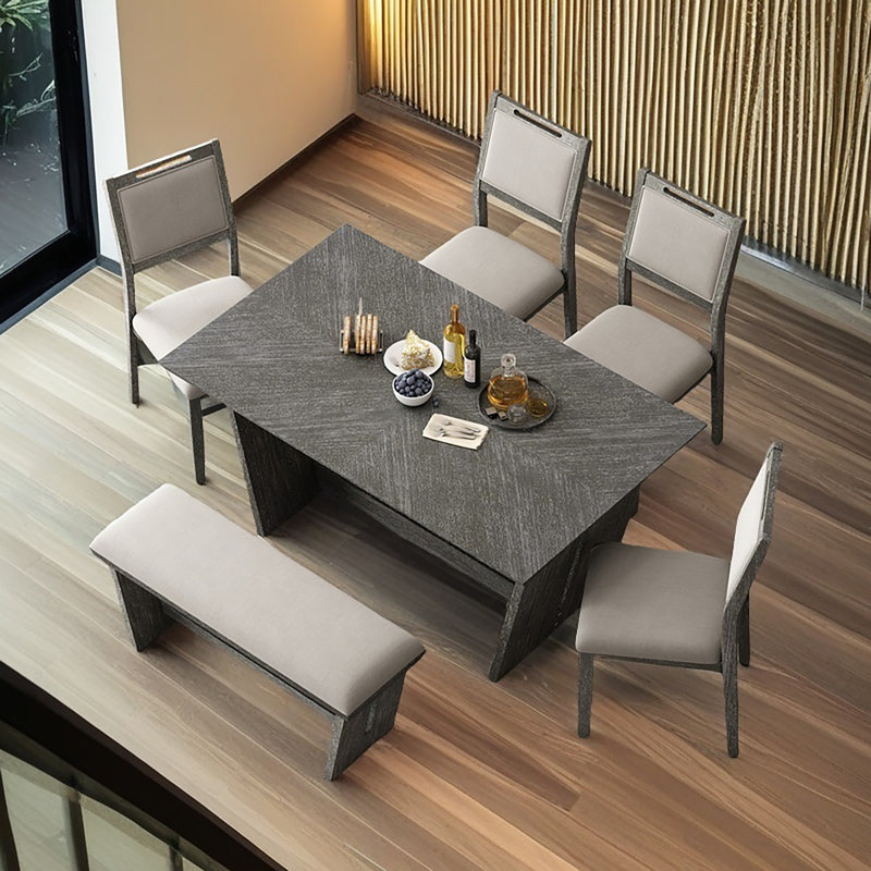 Ensemble de salle à manger 6 pièces 6 pièces, 1 table rectangulaire avec base trapézoïdale stable, 4 chaises rembourrées et 1 banc pour la salle à manger et la cuisine