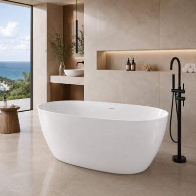 55" Freestanding Acrylic Soaking Bathtub, Oval Tub with 15.3" Soaking Depth, Center Drain and Built-In Overflow, Glossy White