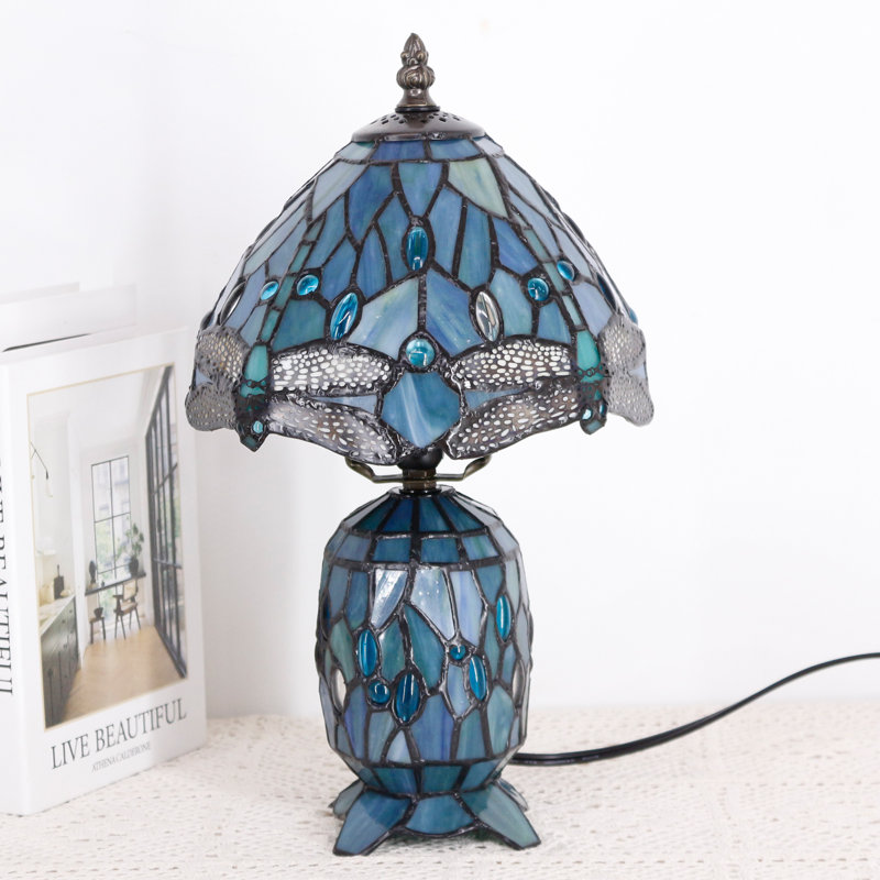 Petite lampe de table en verre teinté de mer petite lampe de table mère Tiffany pour fille, Bleu