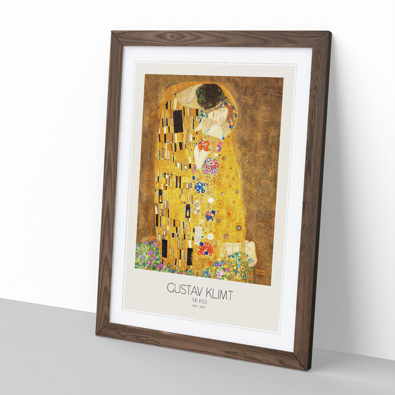 The Kiss No.1 with Border by Gustav Klimt - Picture Frame Painting on MDF, 36cm H x 27cm W x 2cm D, Walnut