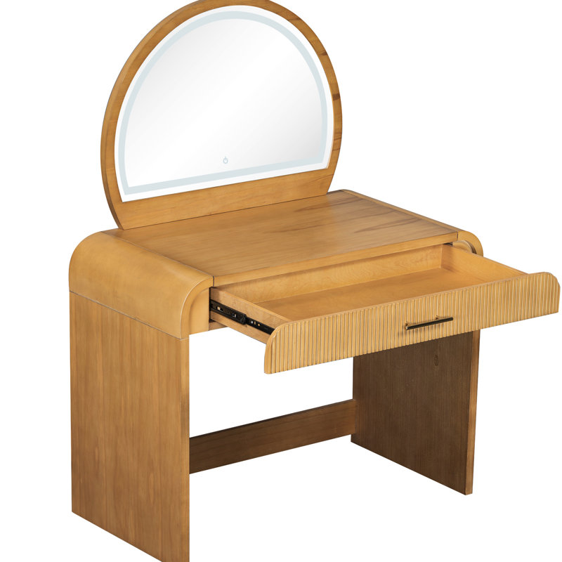 Natural 39-Inch Makeup Vanity Table With Touch Screen Mirror, Drawer For Jewelry Organization, Curved Edges Design, And Quick Setup In Bedroom Dressing Mirror Drawer, Adequate Space Jewelry, Edges,