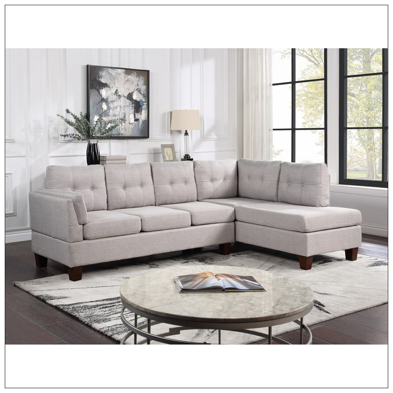 Canapé modulaire rembourré en lin avec méridienne 2 pièces Vihan, Lin gris pâle