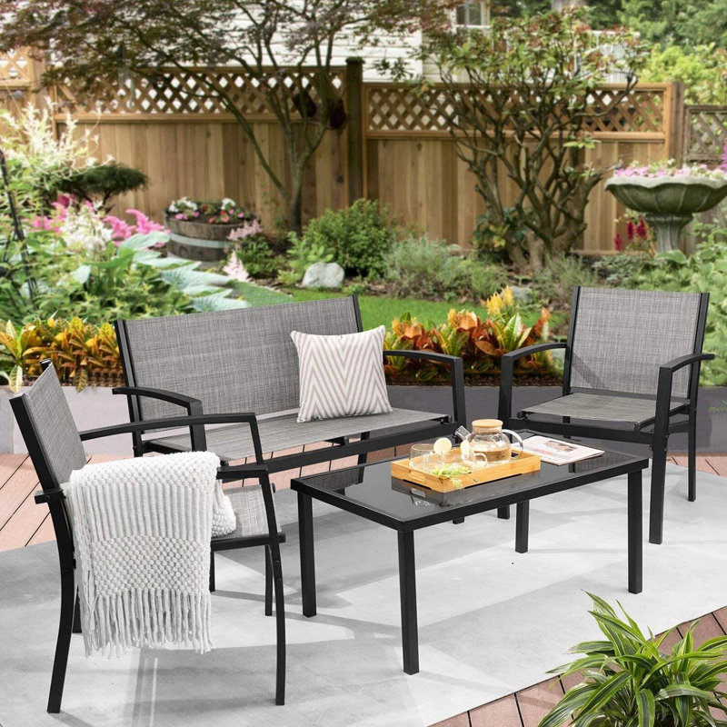 Ensemble de 4 pièces de mobilier de patio pour l'extérieur Ensemble de bistro extérieur PVC-coated polyester Ensemble de conversation moderne Ensemble de bistro noir avec causeuse