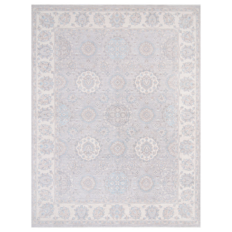 Tapis gris clair et ivoire noué à la main de haute qualité