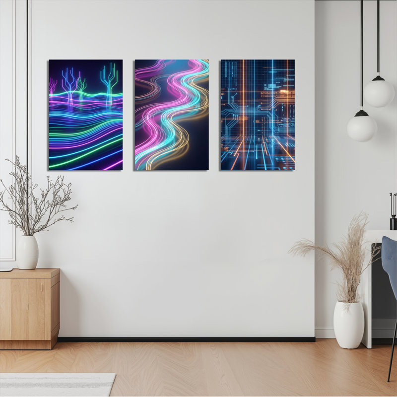 Ensemble de 3 tableaux muraux abstraits sur toile, représentant des vagues et un circuit imprimé, inspirés d'un paysage néon.