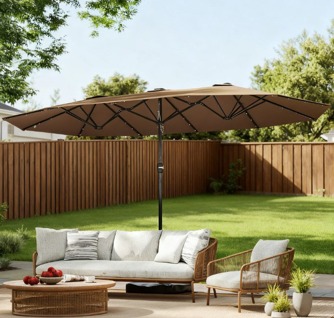 Parasol à double face, parasol à double face avec base, parasol de patio avec lumières solaires à DEL, Kaki