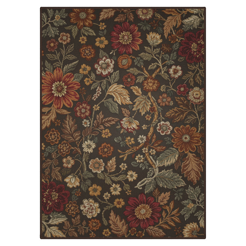 Ammons Blossom Floral Machine Washable Brown / Green / Red Indoor Area Rug With Non-Slip Backing, Rectangle 5' x 7'