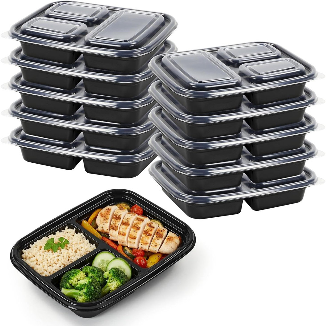 10 Pack Meal Prep Containers 3 Compartment 1000Ml (35Oz) – Black Lunch Boxes With Lids – Reusable Microwave, Freezer & Dishwasher Safe Food Storage –