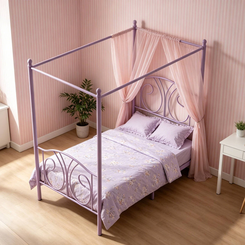 Lit simple à baldaquin en métal avec tête de lit et rangement, lit plateforme pour enfants moderne, Mauve
