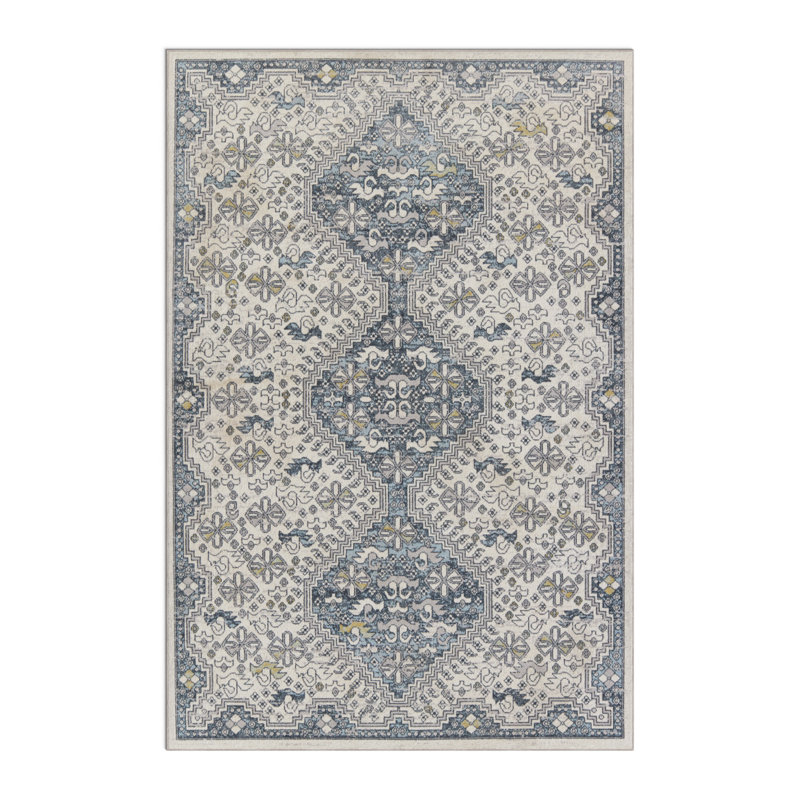 Phoebe Machine WashableOriental Area Rug in Cream/Blue, Rectangle 4' x 6'