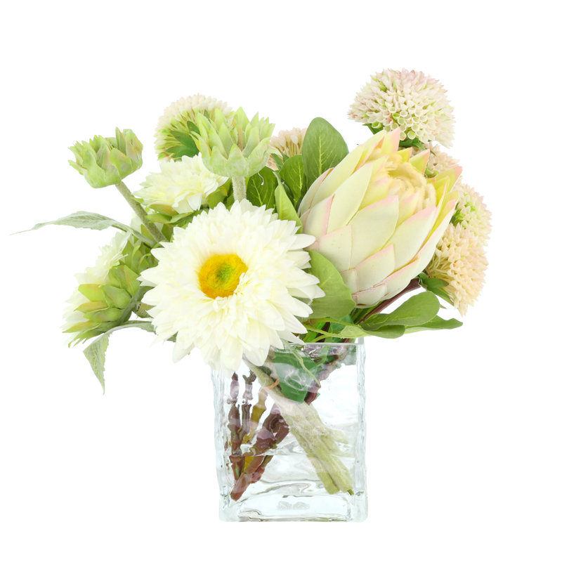 Dahlia, Protea and Sunflower Arranged in a Glass Vase